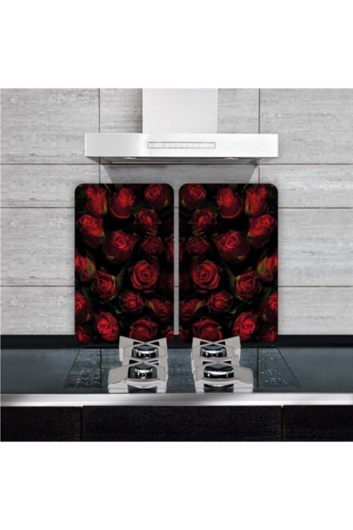 Decorative Glass Stove Protector And Cutting Board Black Red Roses 60cm X 52cm 2 Pieces, 4 Cookers - Swordslife