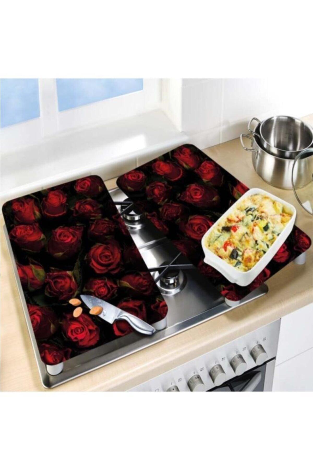 Decorative Glass Stove Protector And Cutting Board Black Red Roses 60cm X 52cm 2 Pieces, 4 Cookers - Swordslife