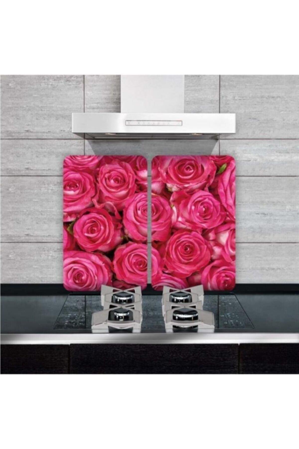 Decorative Glass Stove Protector And Cutting Board Dark Pink Roses 60cm X 52cm 2 Pieces, 4 Cookers - Swordslife