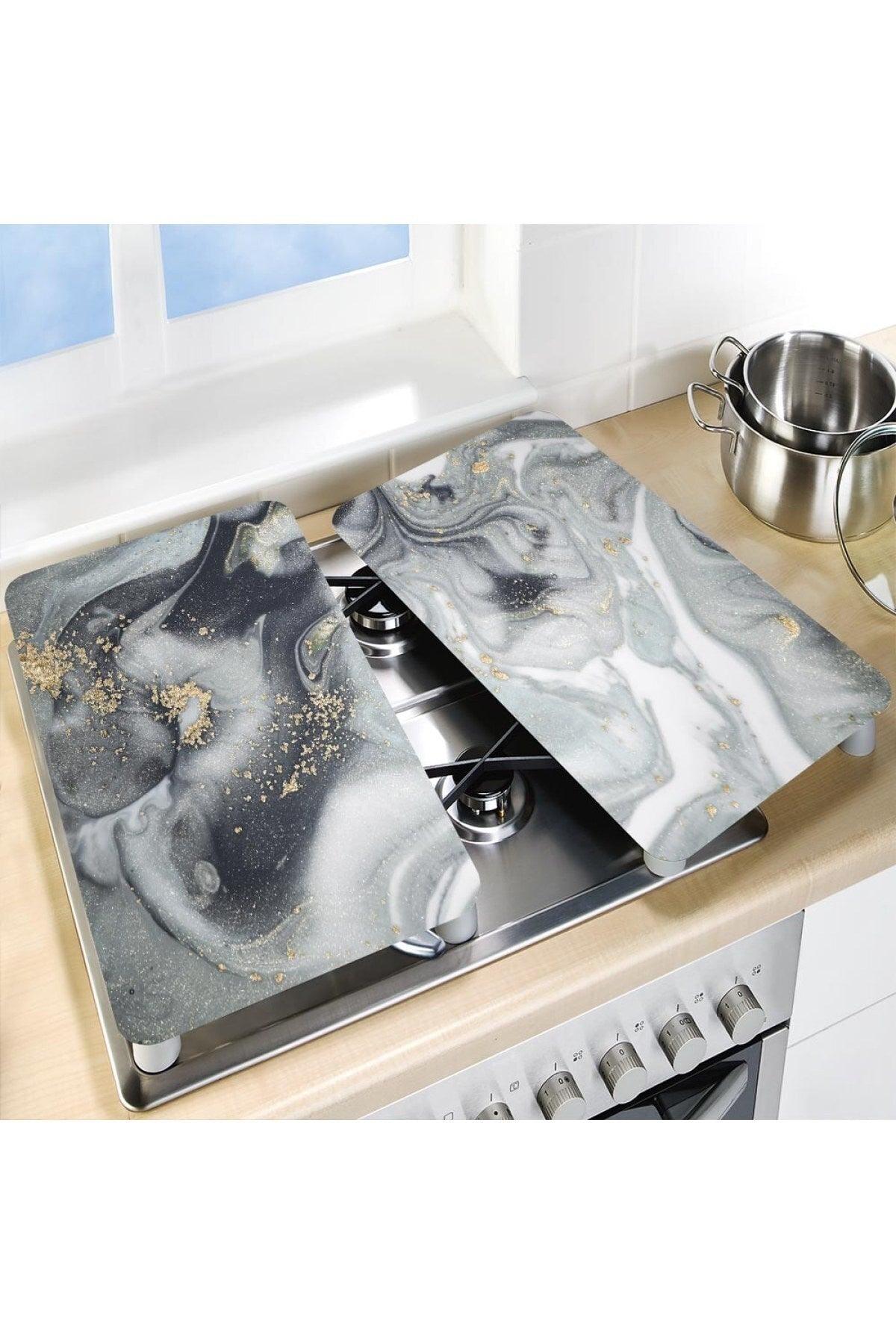 Decorative Glass Stove Protector And Cutting Board Gray Gold Marble (60cm X 52cm) 2 Pieces, 4 Cookers - Swordslife