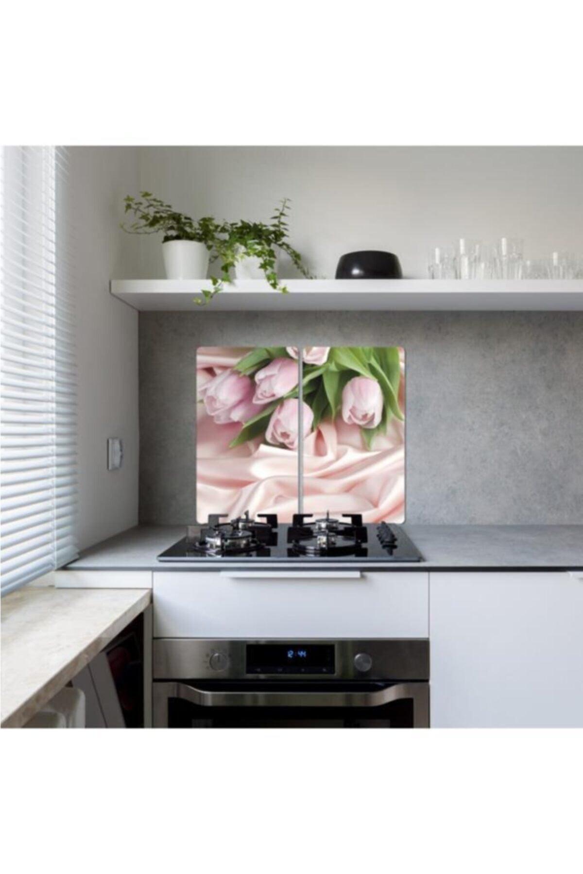 Decorative Glass Stove Protector And Cutting Board Pink Roses 2 60cm X 52cm 2 Pieces, 4 Cookers - Swordslife