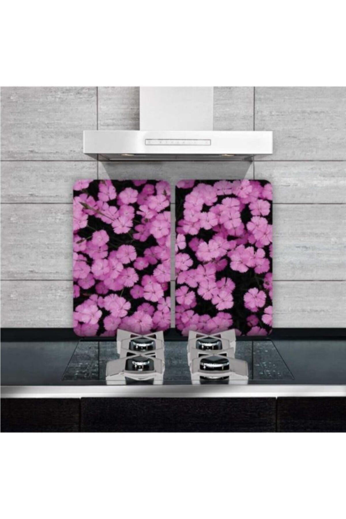 Decorative Glass Stove Protector And Cutting Board Multiple Purple Flowers 60cm X 52cm 2 Pieces, 4 Cookers - Swordslife