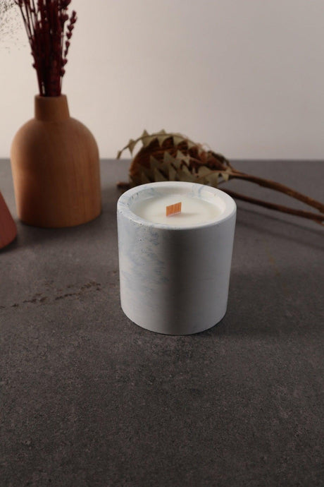 Decorative Powder Blue Marble Look Concrete Candle , Soy Wax Bamboo Wick - Swordslife
