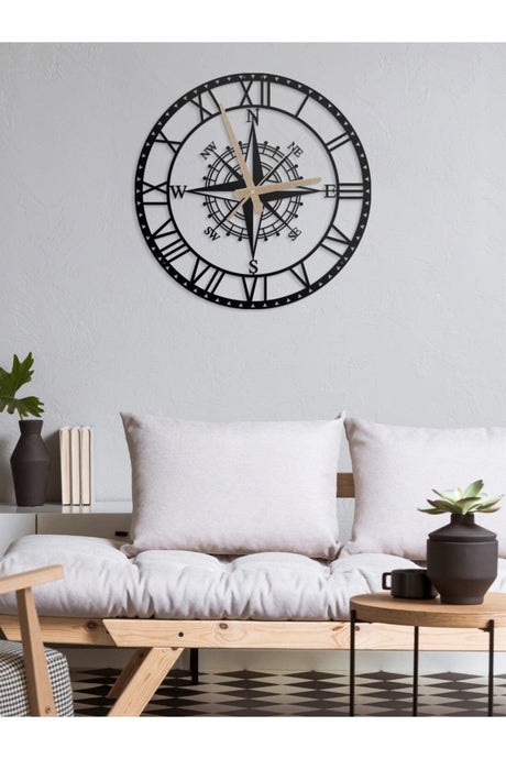 Decorative Roman Numeral Metal Wall Clock Compass Themed 45x45cm - Swordslife