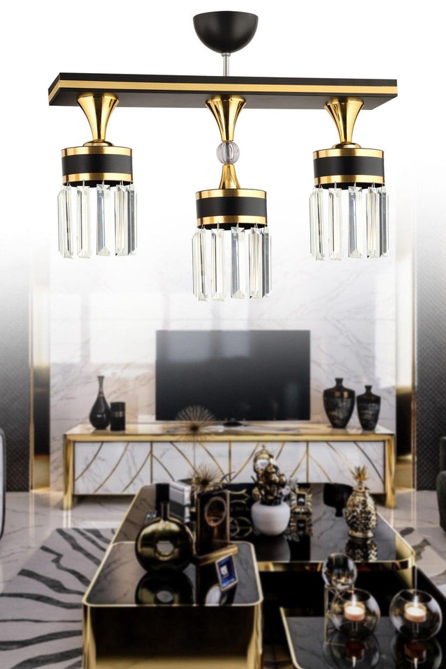 Deep 3 Pcs Crystal Stone Black Gold Modern Chandelier - Swordslife