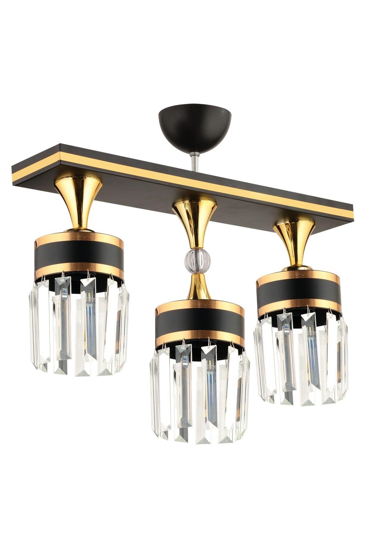 Deep 3 Pcs Crystal Stone Black Gold Modern Chandelier - Swordslife