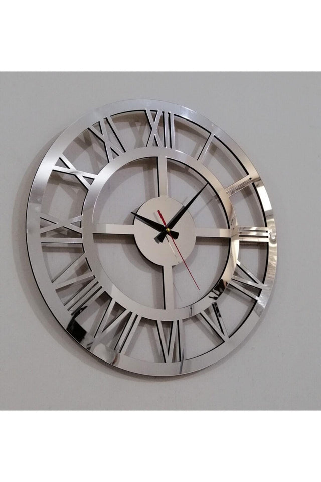 Decorative Mirrored Silver Plexi Wooden Wall Clock with Roman Numerals - Swordslife