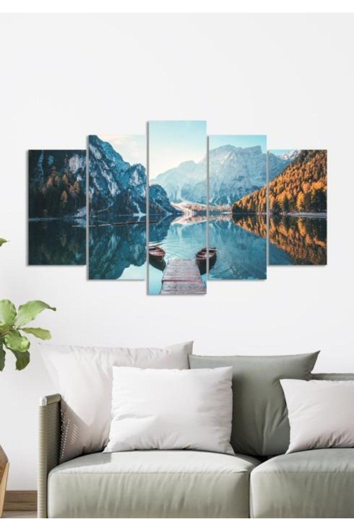 Decorative Mountain Snow View Blue Braies Lake Wood Canvas Painting 5 Pieces - Swordslife