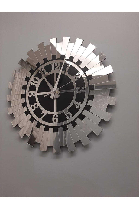 Decorative Silver Sun Wall Clock Modern Turkish Numeral Mdf Mirrored Plexi 50x50 Cm - Swordslife