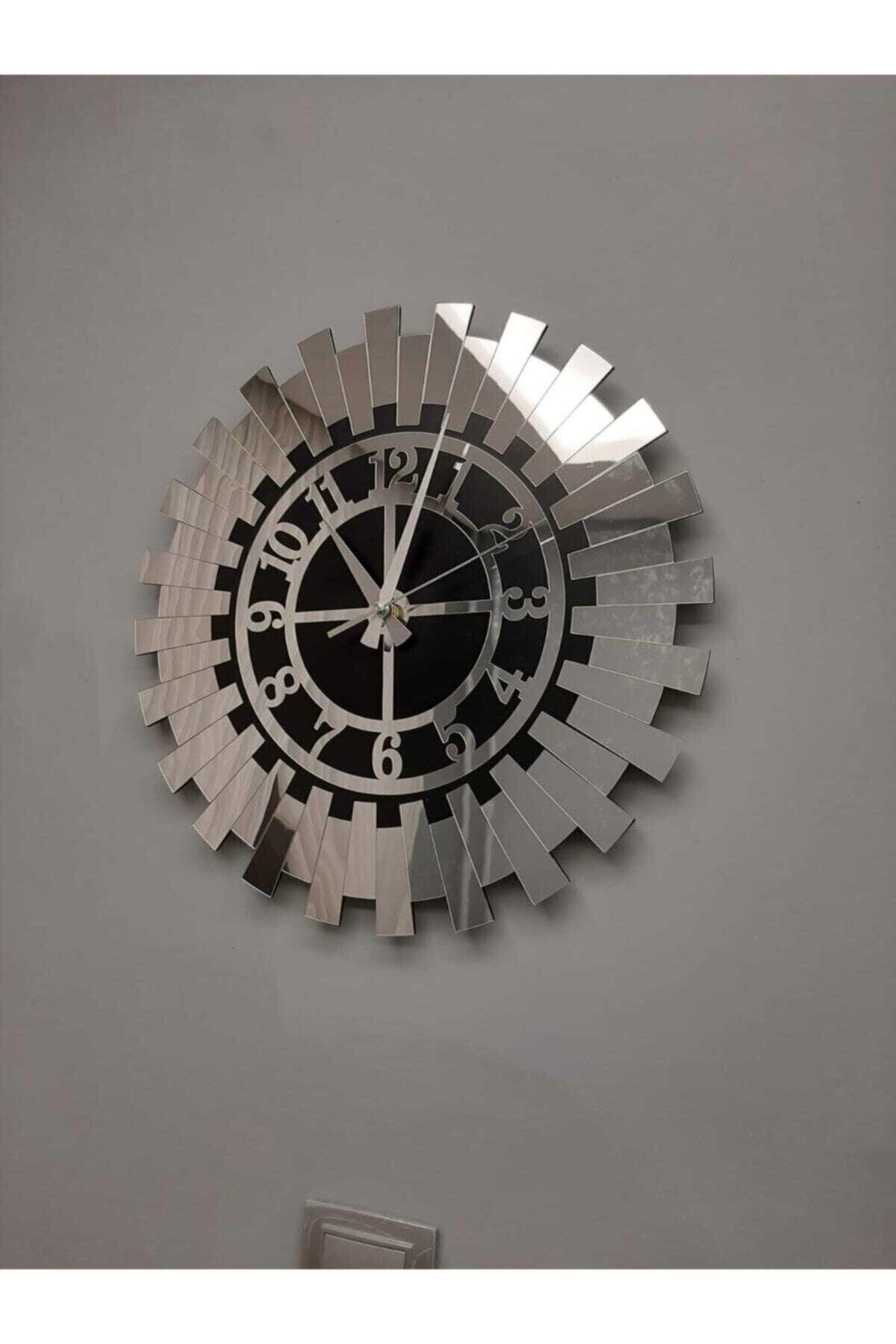 Decorative Silver Sun Wall Clock Modern Turkish Numeral Mdf Mirrored Plexi 50x50 Cm - Swordslife