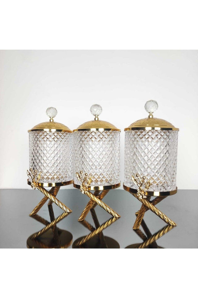 Deren Large Size Gold Triple Crystal Spice Set , Metal Cross Three Legs Counter Top Jar Set - Swordslife