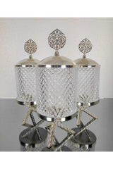 Deren Large Size Silver Triple Crystal Spice Set , Metal Cross Three Legs Counter Top Jar Set - Swordslife