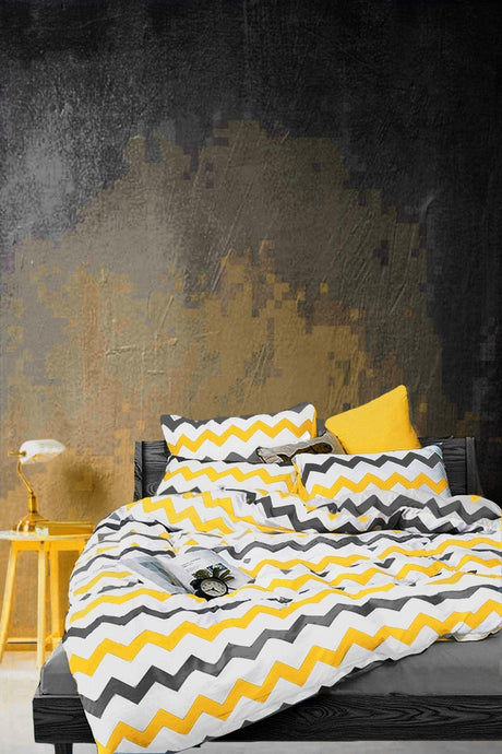 Natural Cotton Single Duvet Cover Set Yellow Zigzag - Swordslife