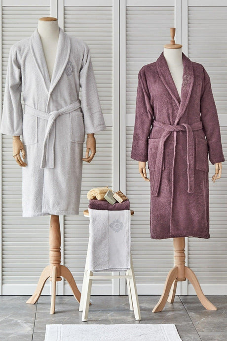 Doleres Plum/gray 5 Piece Embroidered Bathrobe Set - Swordslife