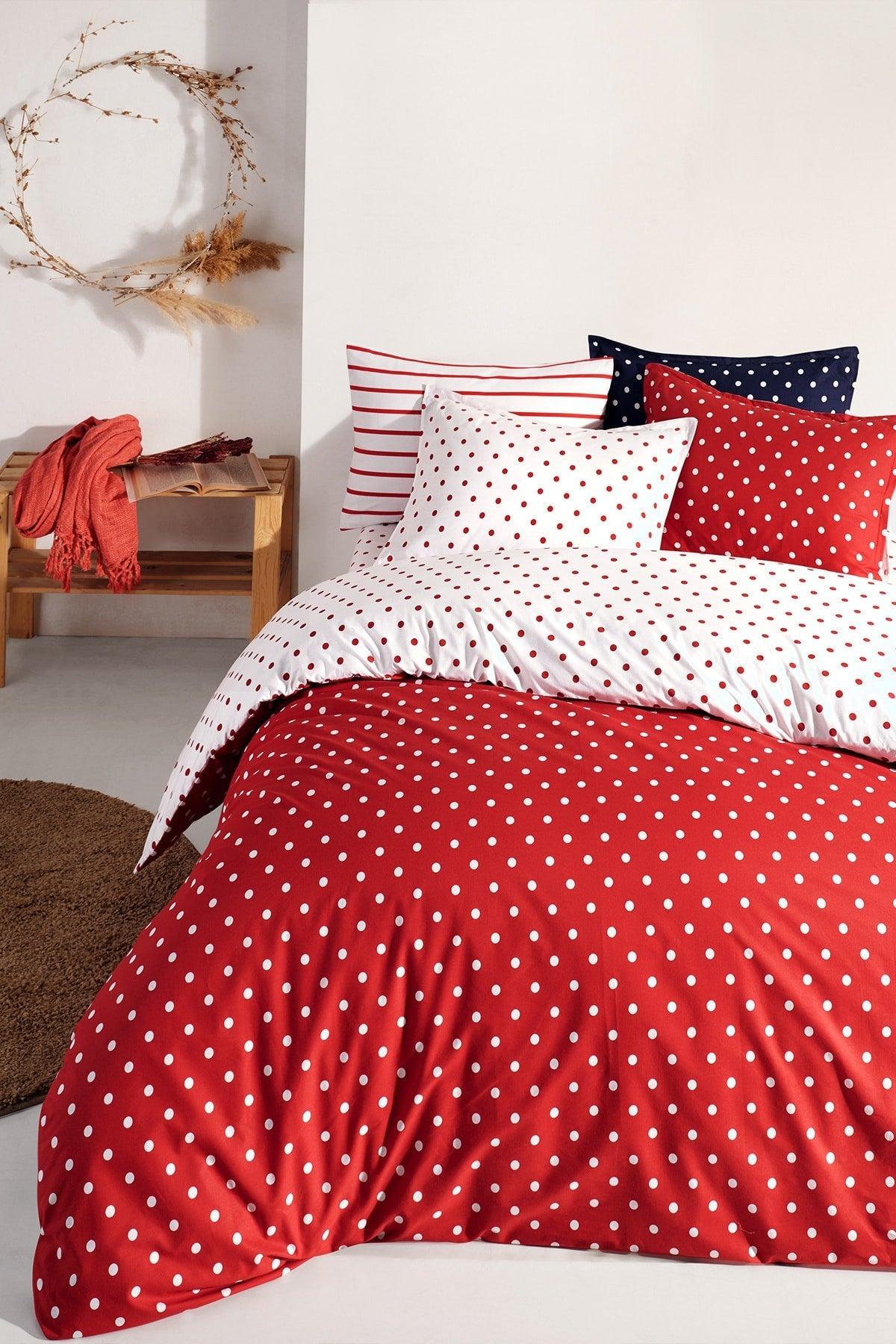 Dots Red 100% Cotton Ranforce Oversized Double Sided Duvet Cover Set 240x220 - Swordslife