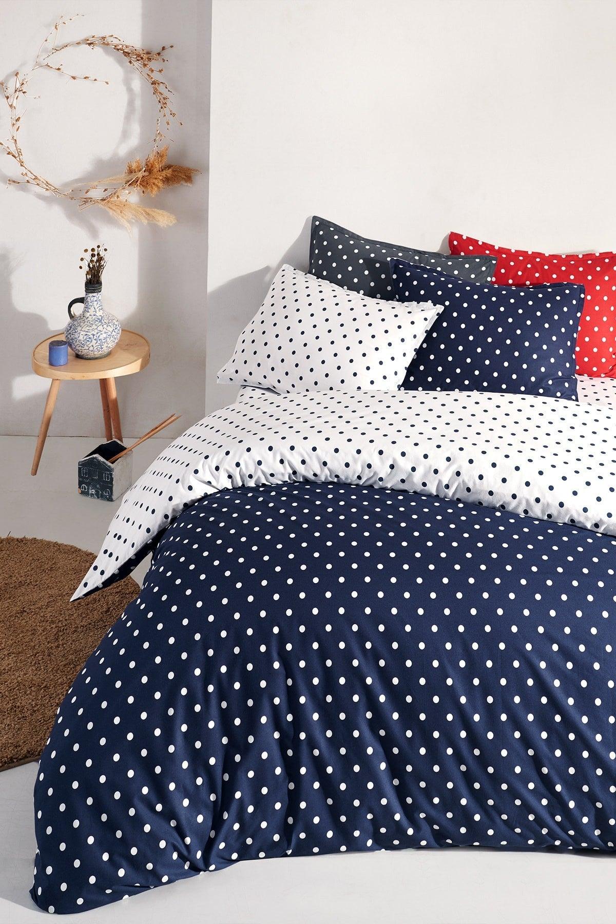 Dots Blue 100% Cotton Ranforce Oversized Double Sided Duvet Cover Set 240x220 - Swordslife