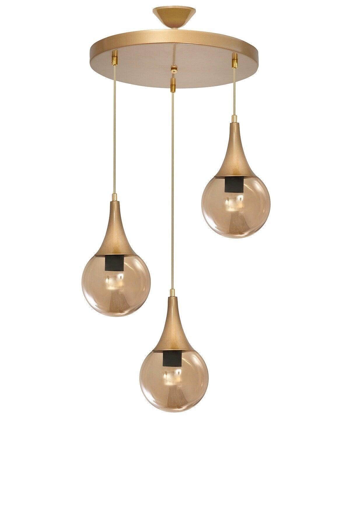 Damla 3 Piece Tumbled Round Honey Glass Pendant Lamp Chandelier - Swordslife