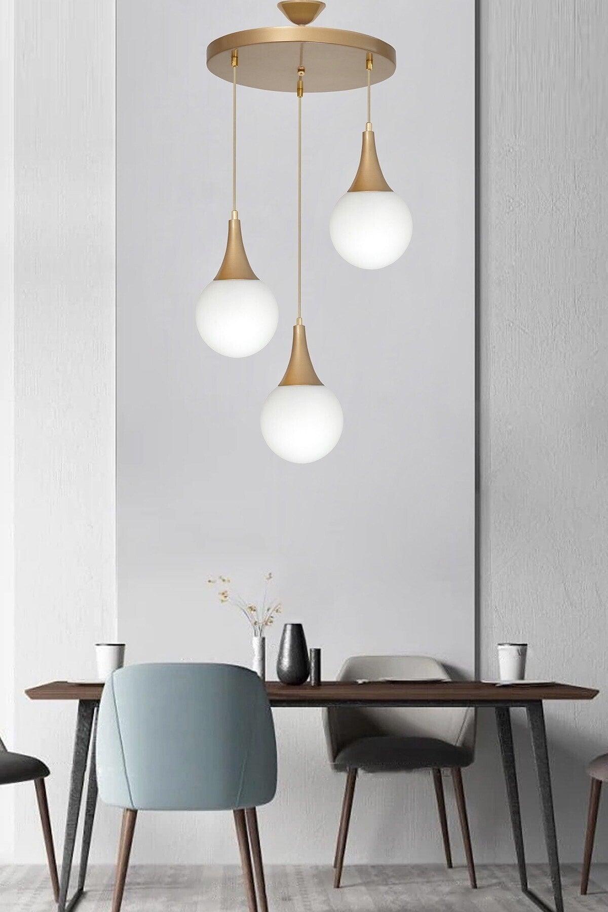 Damla 3 Piece Tumbled Round White Glass Pendant Lamp Chandelier - Swordslife