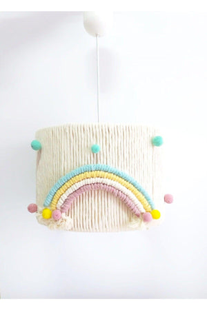 Ecru Macrame Thread Wrapped Colorful Rainbow Detailed Pompom Baby Girl and Child Room Pendant Lamp Chandelier - Swordslife