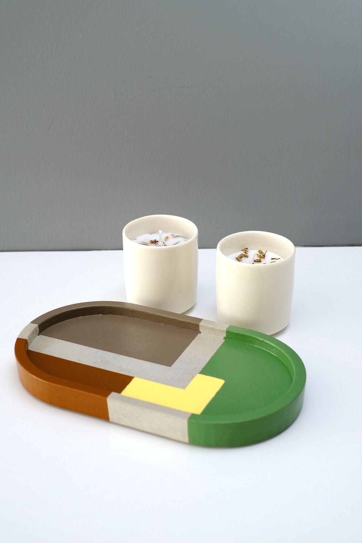 Handmade Concrete Mixed Colors Tray - 2 Pieces Porcelain / Soy Candle Set Concept - Swordslife