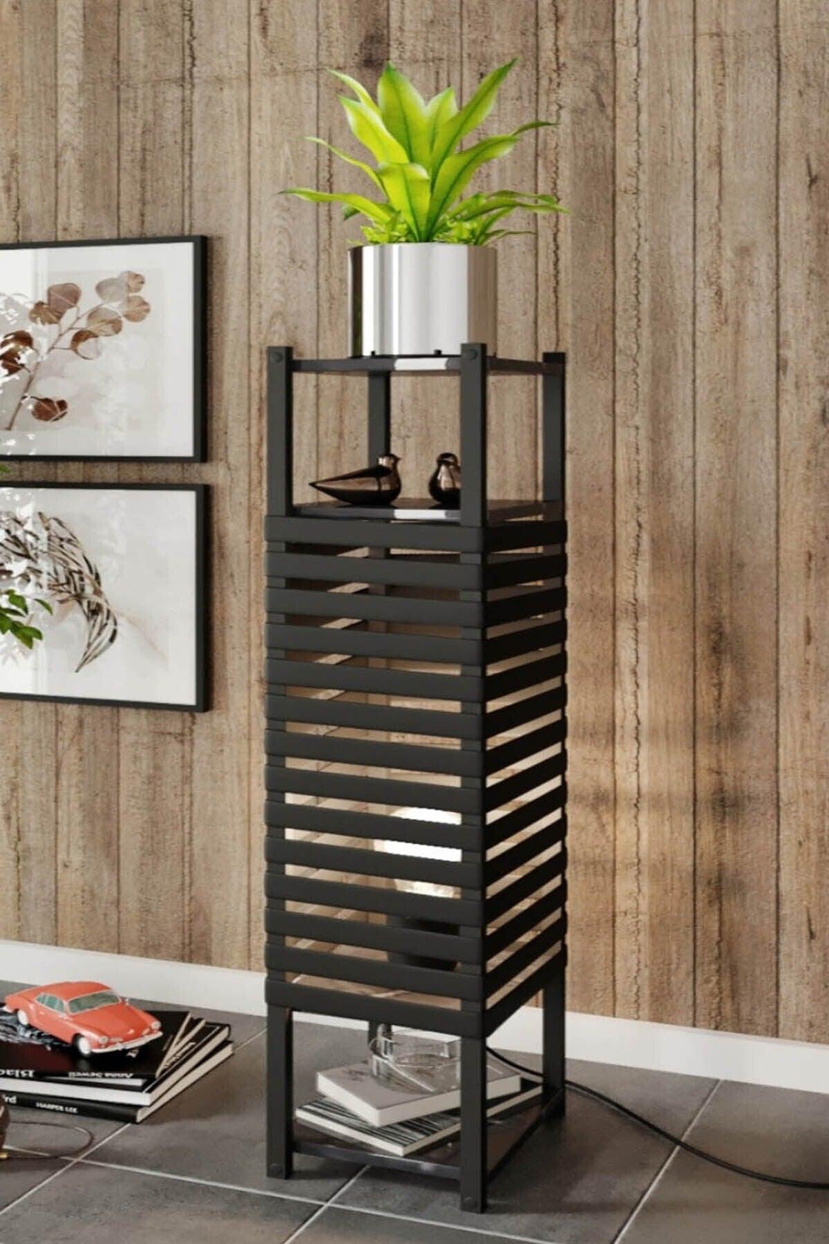 Else Black Decorative Modern Wooden Mdf Framed Floor Lamp With 2 Shelves - Swordslife