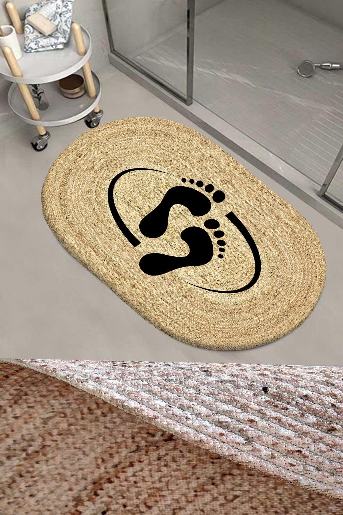 Else Footprint Patterned Rope Straw Jute Knit Oval Bathroom Rug Toilet Seat Shower Front Mat - Swordslife