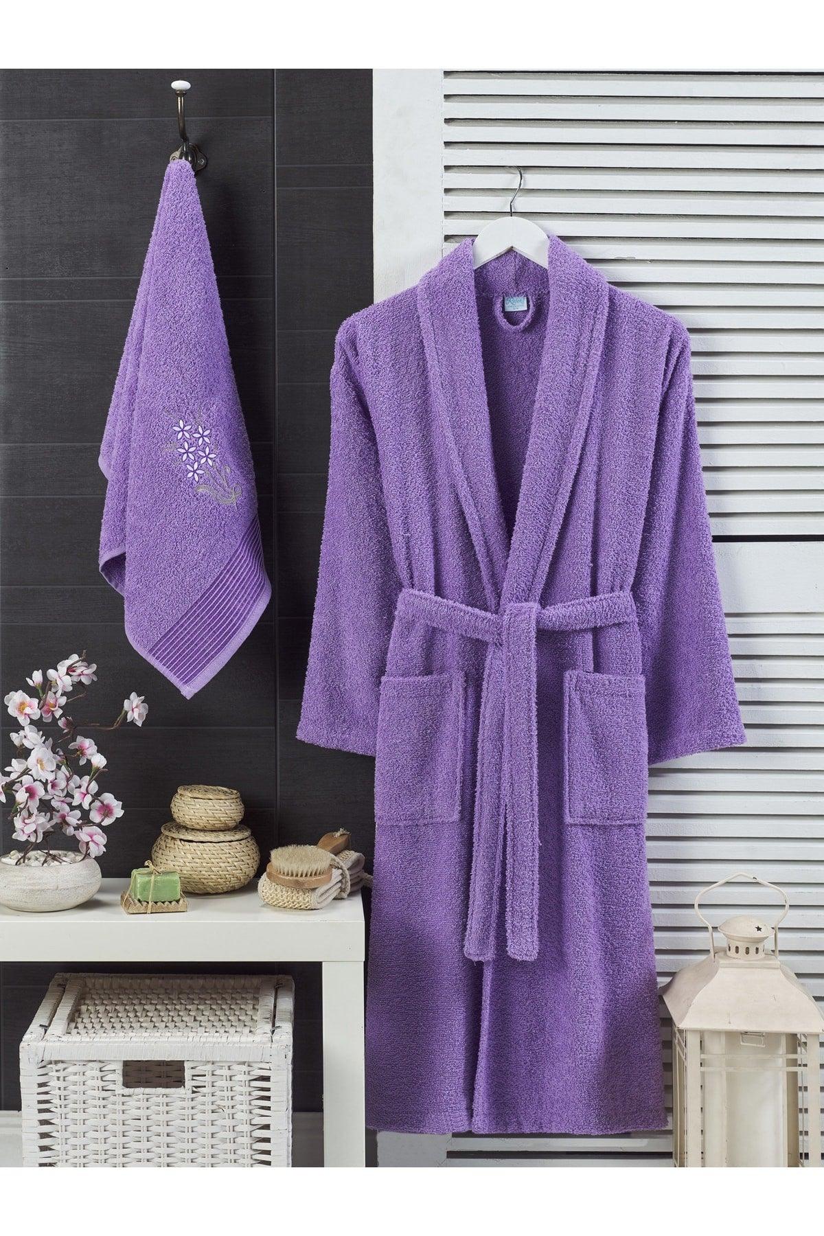 Embroidered Cotton 2 Piece Bathrobe Set | Lavender - Swordslife