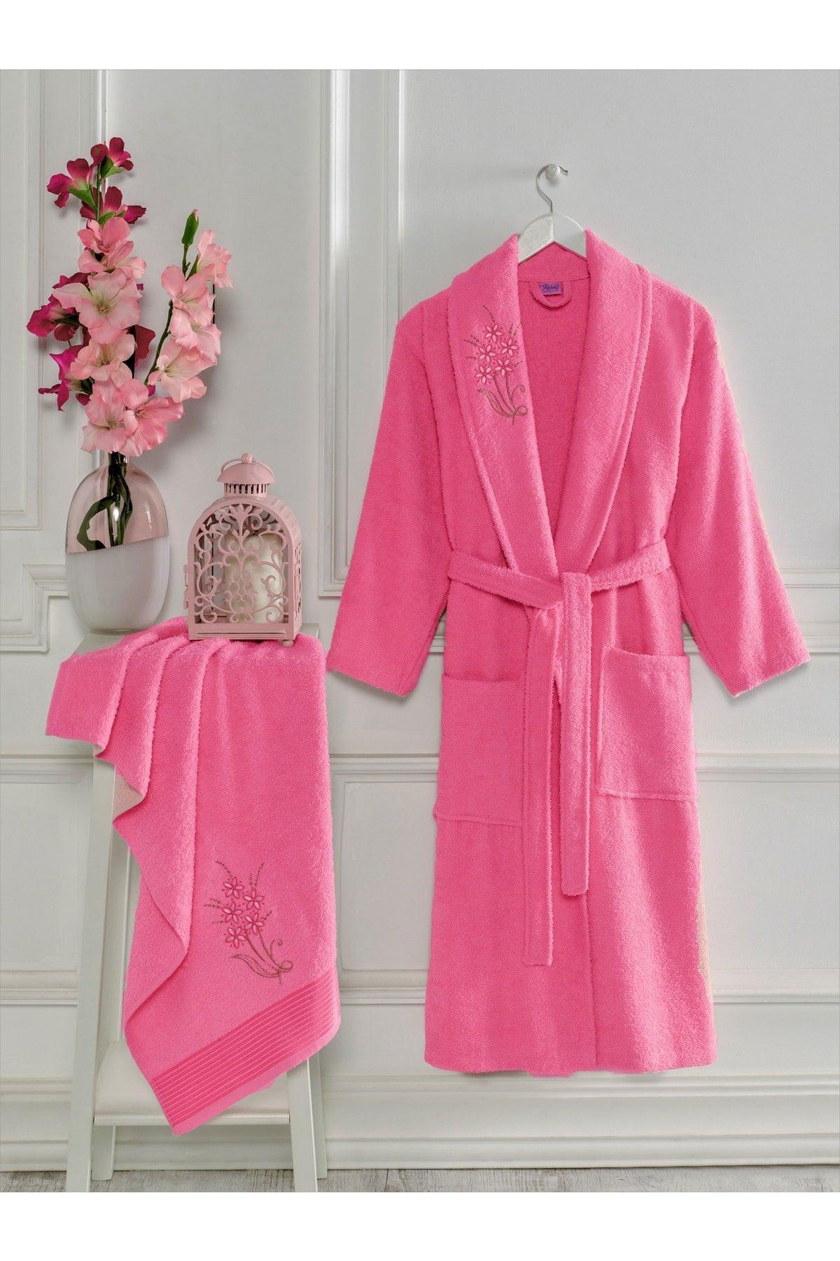 Embroidered Cotton 2 Piece Bathrobe Set | Pink