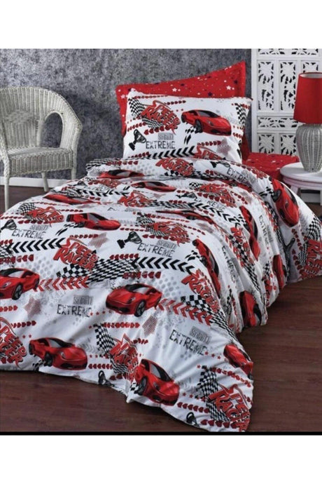 Red Car Pattern Single Duvet Cover Set for Boys - Swordslife