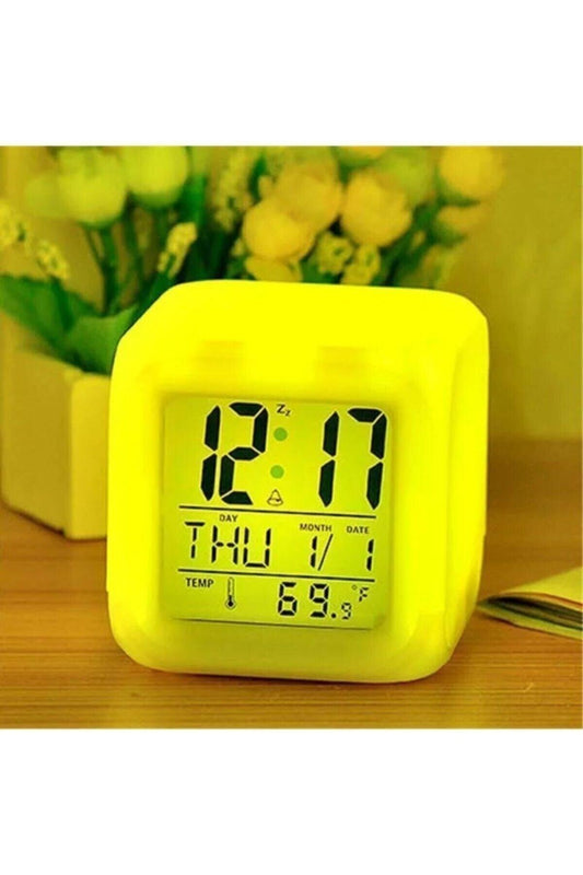 Home Office Desk Clock 7 Color Changing Digital Cube Alarm Clock Night Light Calendar - Swordslife