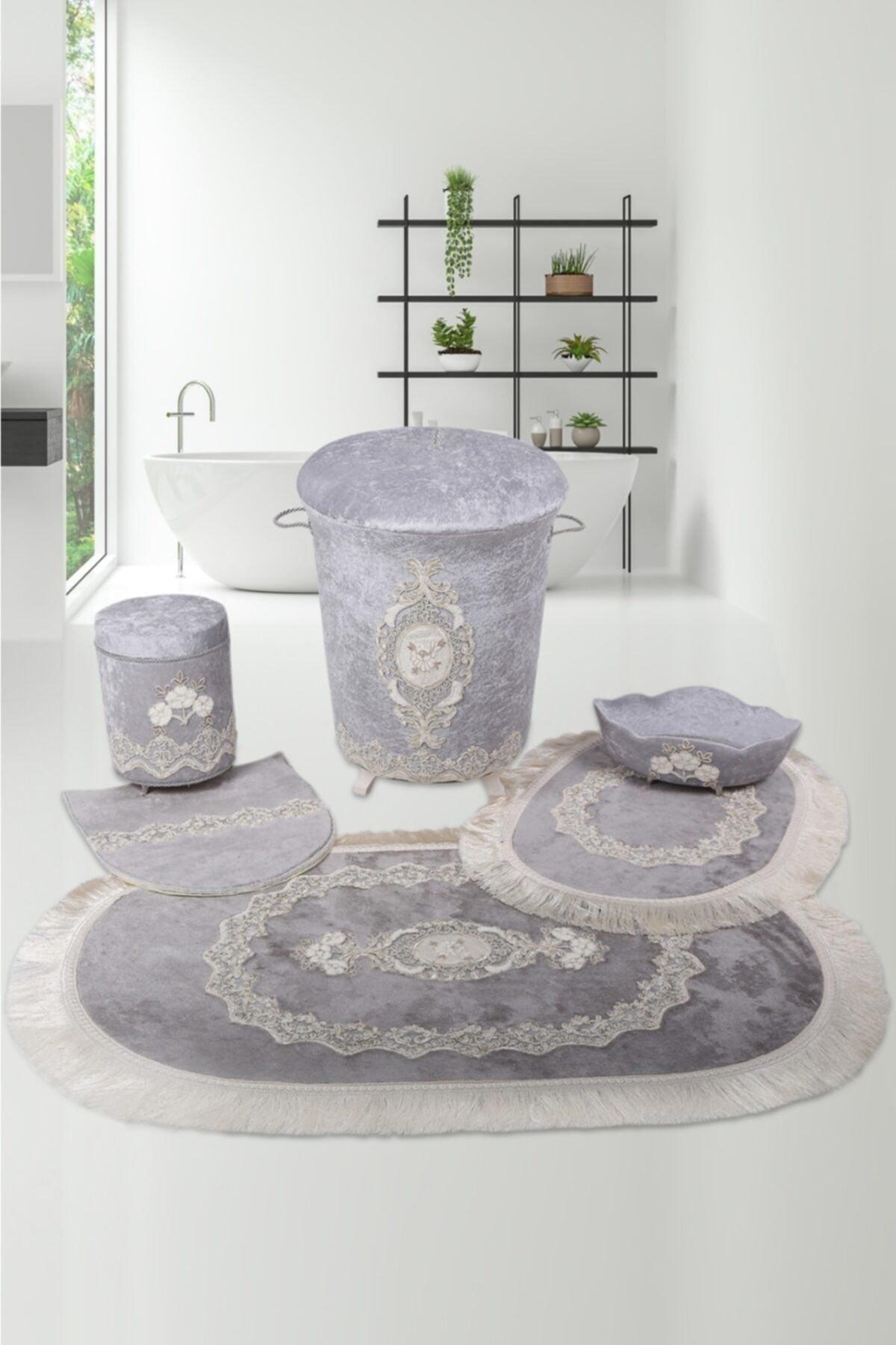 Exclusive Gray 6 Pcs Lacy Bathroom Dirty Laundry Basket Set Bath Mat Set - Swordslife