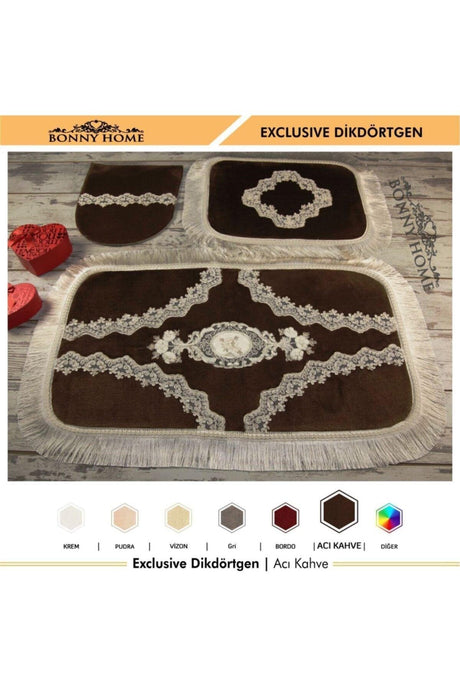 Exclusive Cornered Brown Tasseled 3 Pcs Closet Set Dowry Bathroom Carpet Mat Set - Swordslife