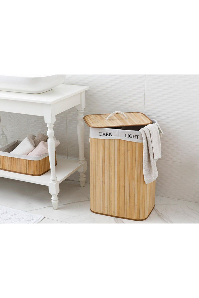 Fancy Bamboo Foldable 2-Compartment Laundry Basket 40x30x60 Cm Beige - Swordslife