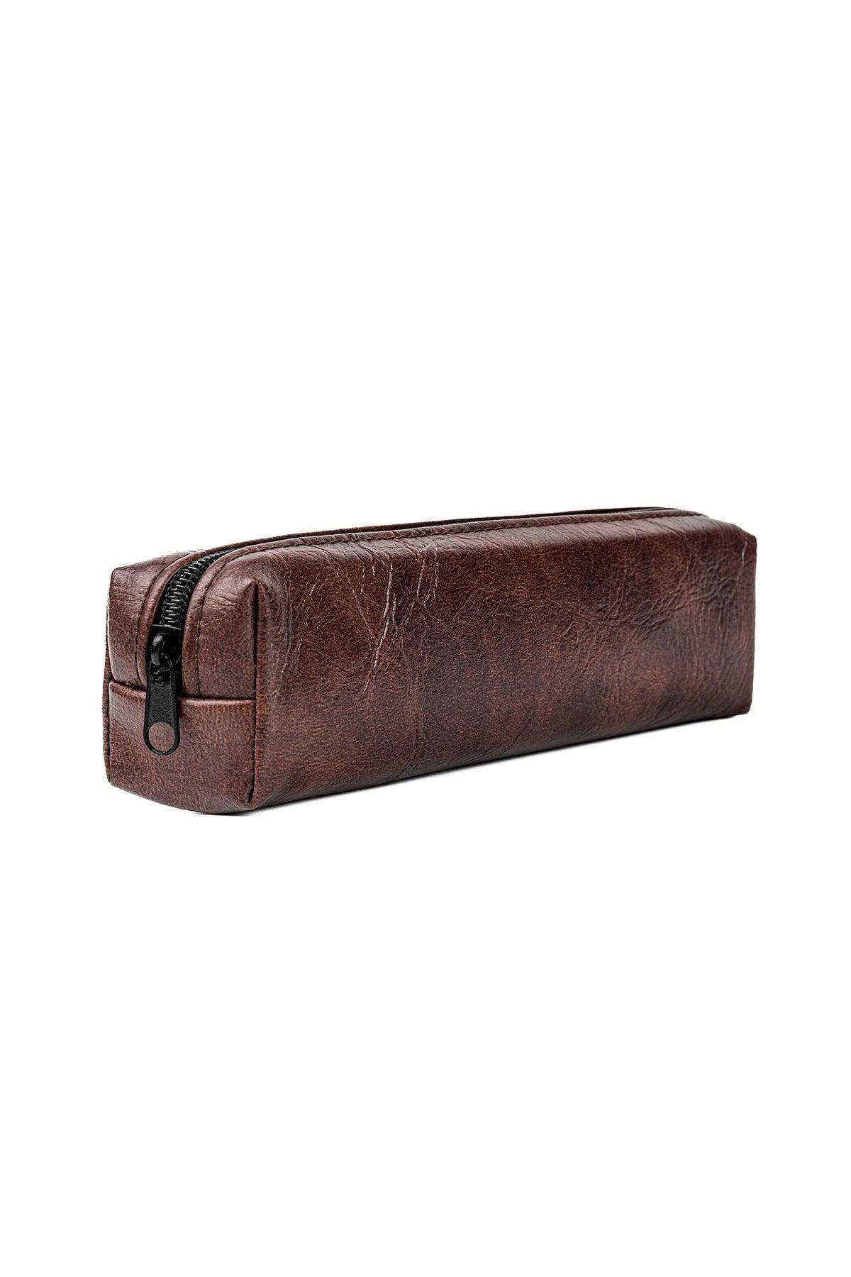 Faux Leather Brown Patterned Pencil Case