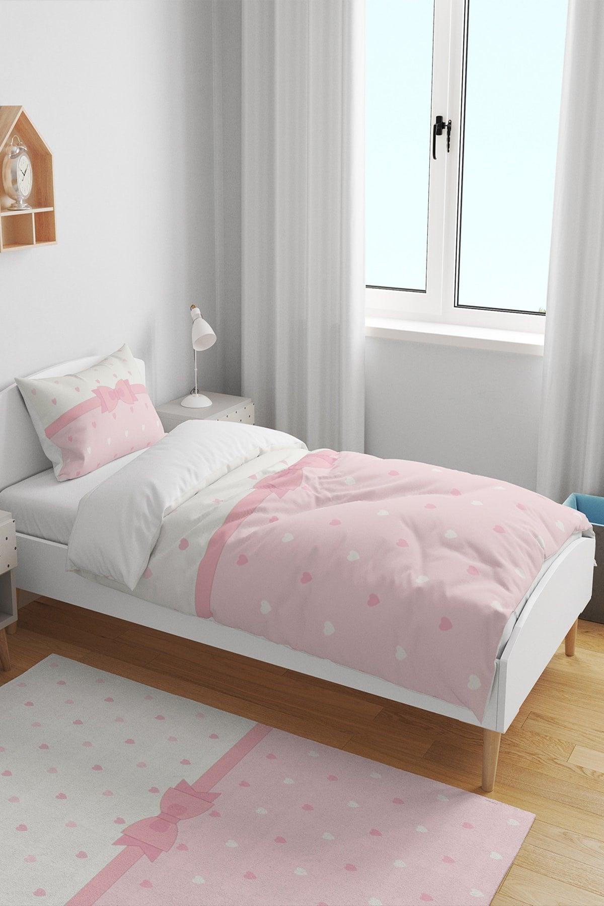 Tiny Hearts with Bow Pink White Color Single Child Duvet Cover Set - Swordslife