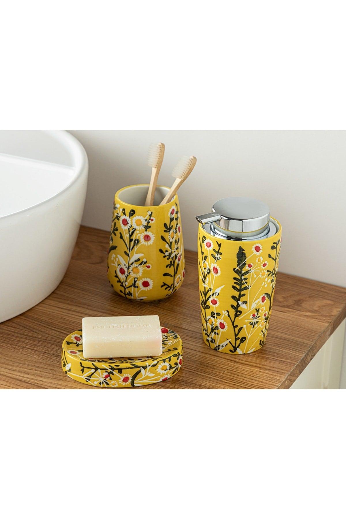 Flowery 3 Pcs Bathroom Set 9x9x15.5+9x9x12+12x8,5x2,5cm Yellow - Swordslife