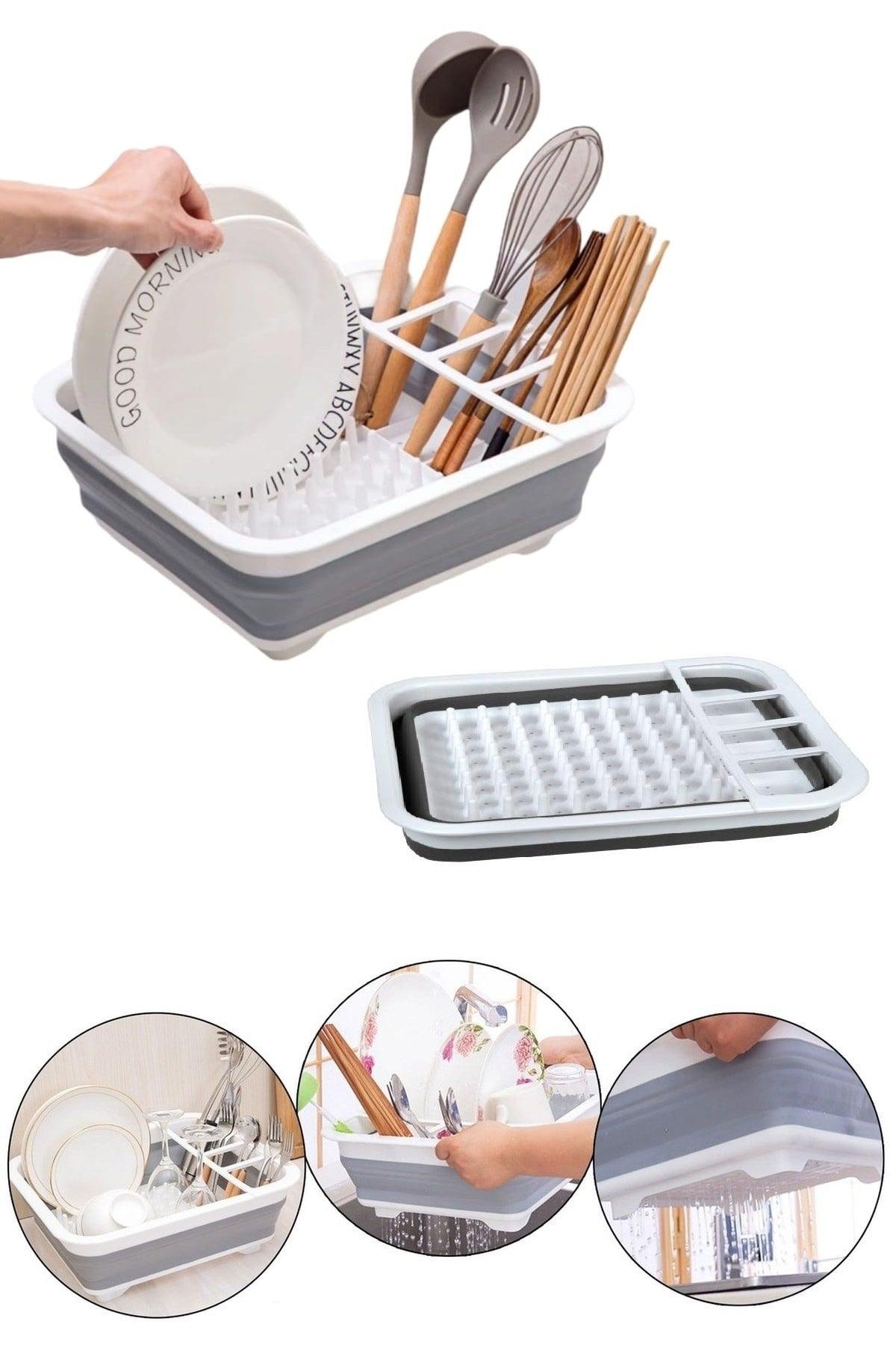 Foldable Dish Rack Counter Top Plate Rack Cutlery Compartmented Plate Dryer - Swordslife