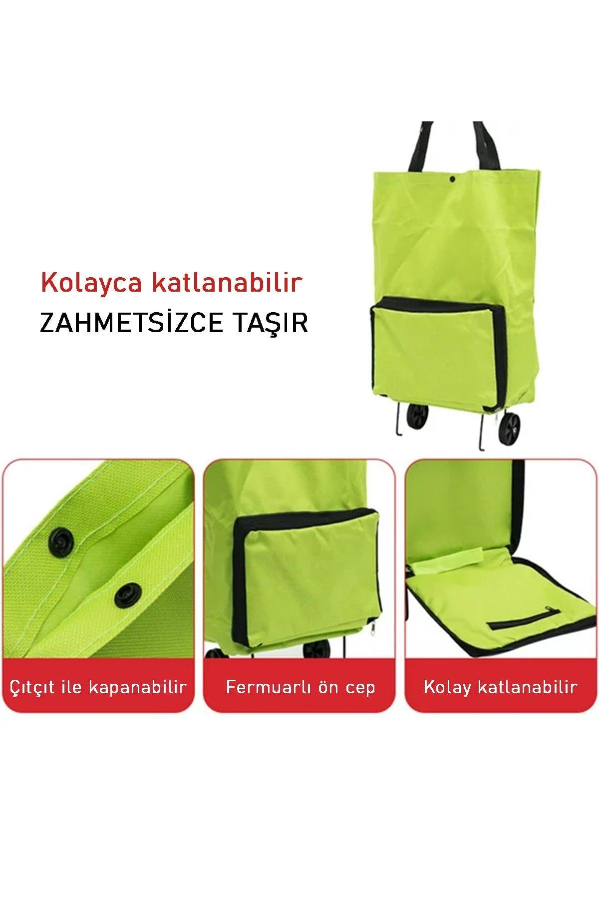 Foldable Wheeled Bag Cart Market Trolley Zippered Market Shopping Bag - Green - Swordslife