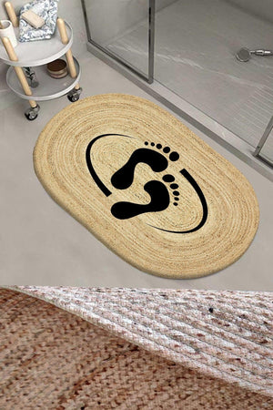 Footprint Patterned Rope Straw Jute Knit Oval Bathroom Rug Toilet Bowl Shower Front Mat - Swordslife