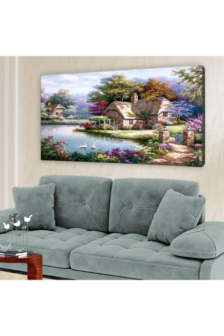 Forest Houses Pond Canvas Painting 60x120 cm - Swordslife