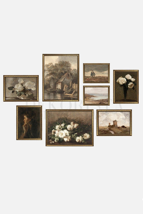 Framed Vintage Set of 8 Paintings, Gallery Wall, Art Print, Painting - Swordslife