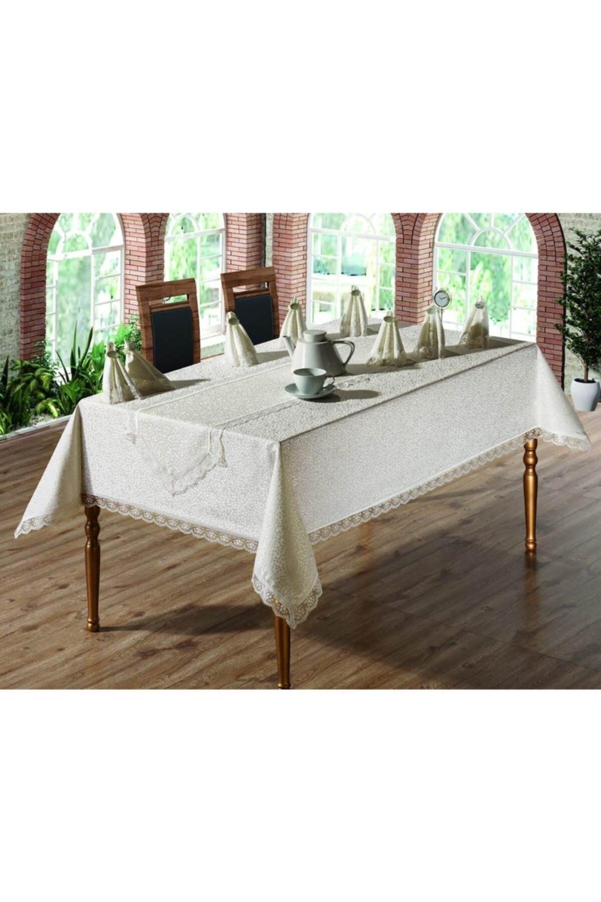 French Guipure Kdk Fabric Dining Table Set 18 Pcs - Cream with Runner - Swordslife