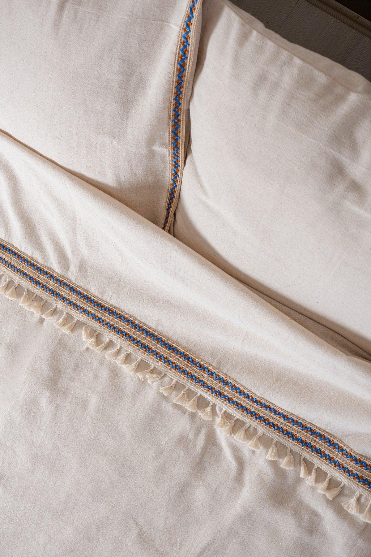 Full Organic Linen Jute Pompom Double Duvet Cover Pillow Set - Swordslife