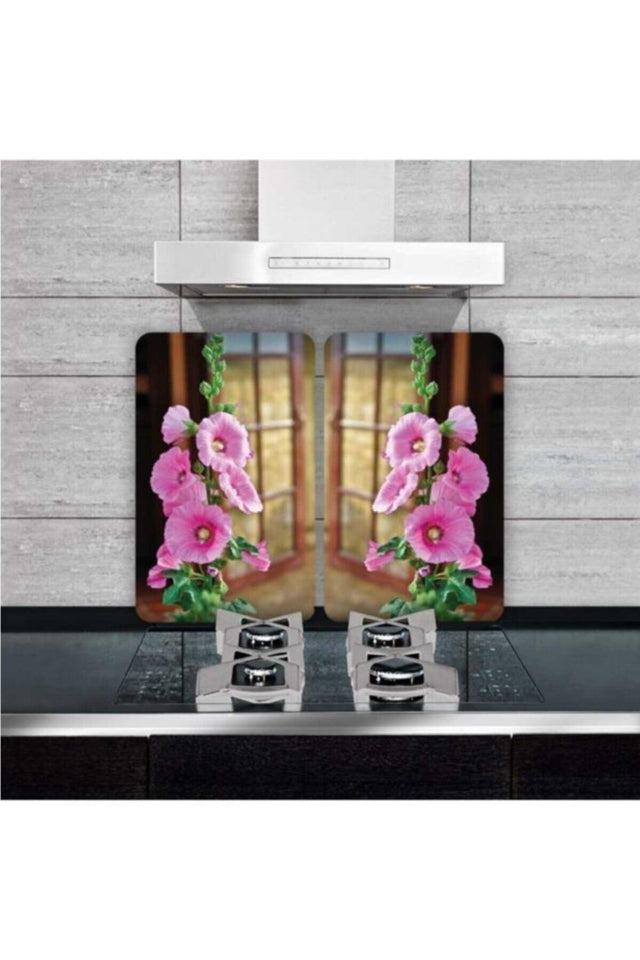 Glass Stove Protector And Cutting Tray Green Pink Flowers (60cm X 52cm) 2 Pieces, 4 Cookers - Swordslife