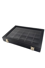 20 Section Jewelry Tray with Glass Lid Black / Black Leather Inside - Swordslife