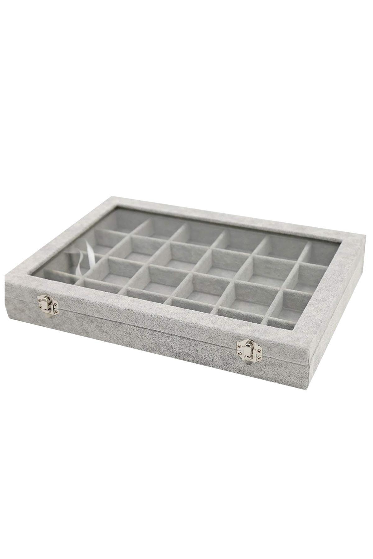 24 Section Jewelry Tray with Glass Lid Gray Suede - Swordslife