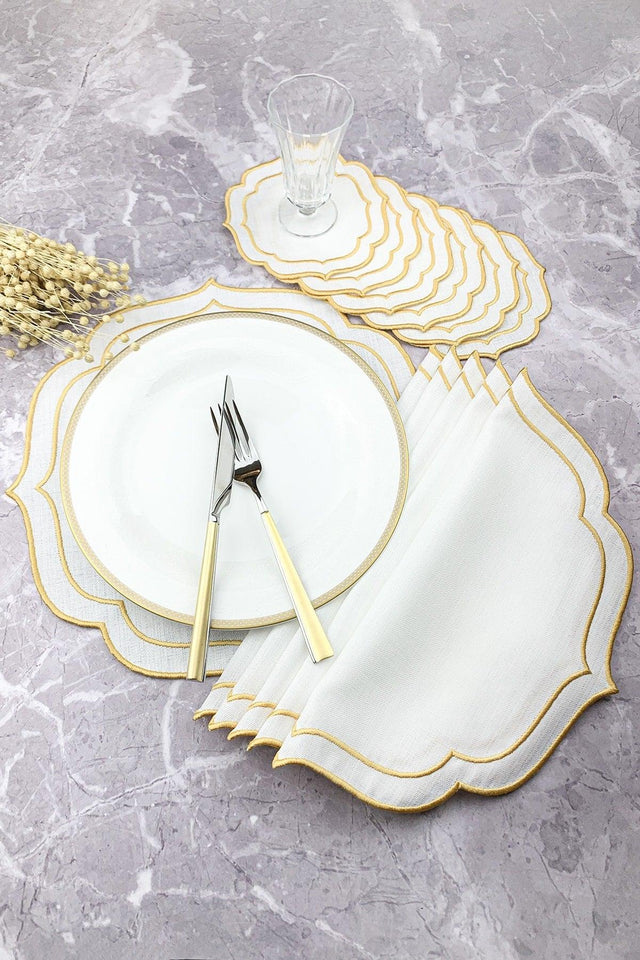Gold Colored Double Wrap Embroidered 12 Piece Set Placemat And Cocktail Napkin - Swordslife