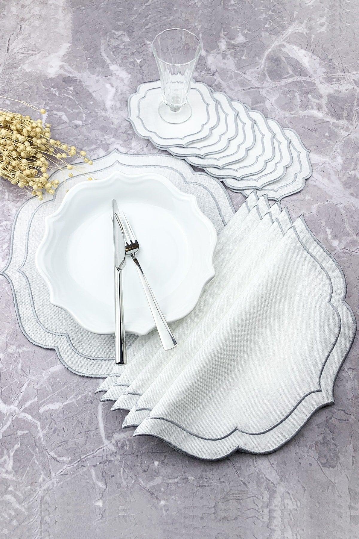 Gray Color Double Wrap Embroidered 12 Piece Set Placemat And Cocktail Napkin - Swordslife