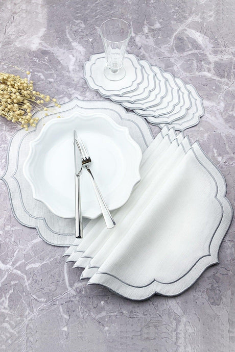 Gray Color Double Wrap Embroidered 12 Piece Set Placemat And Cocktail Napkin - Swordslife