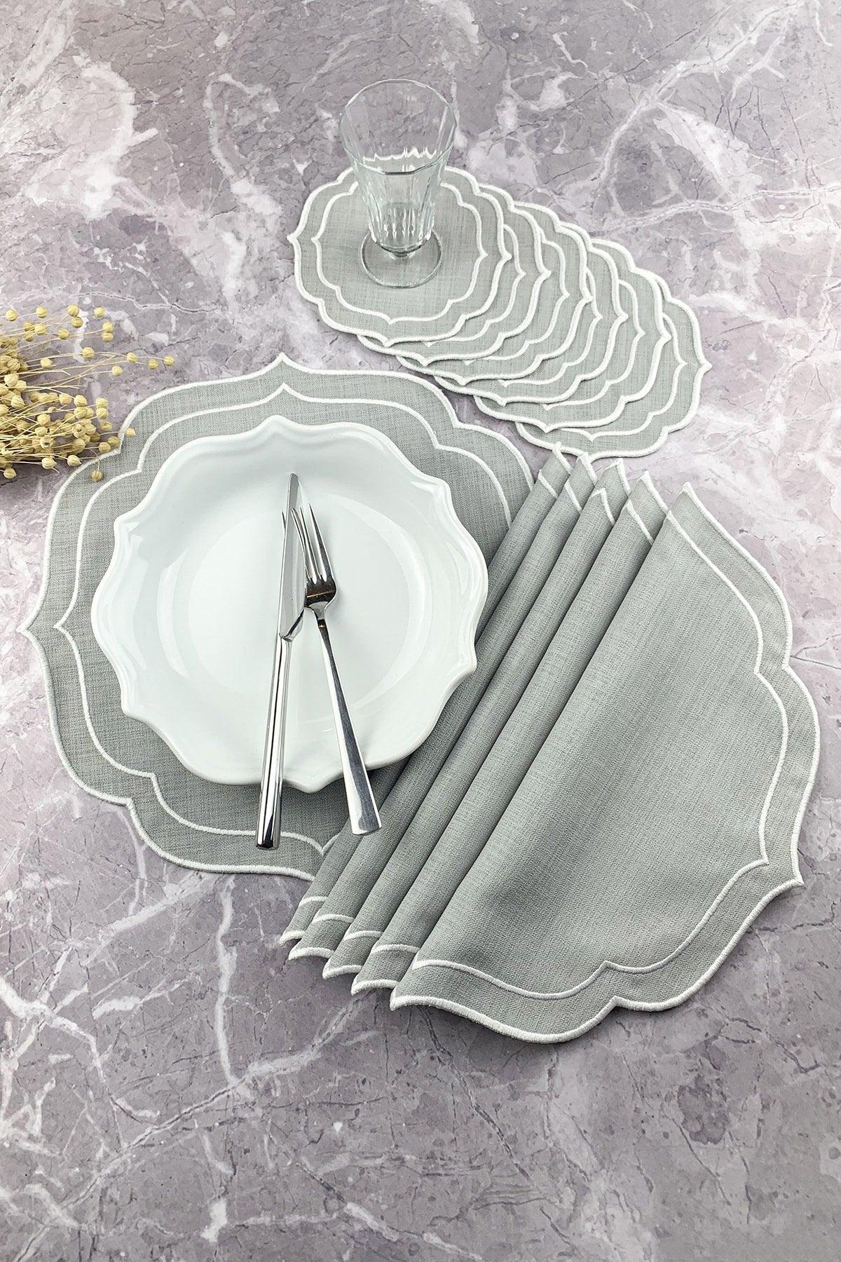 Gray Color White Double Wrap Embroidered 12 Piece Set Placemat And Cocktail Napkin - Swordslife
